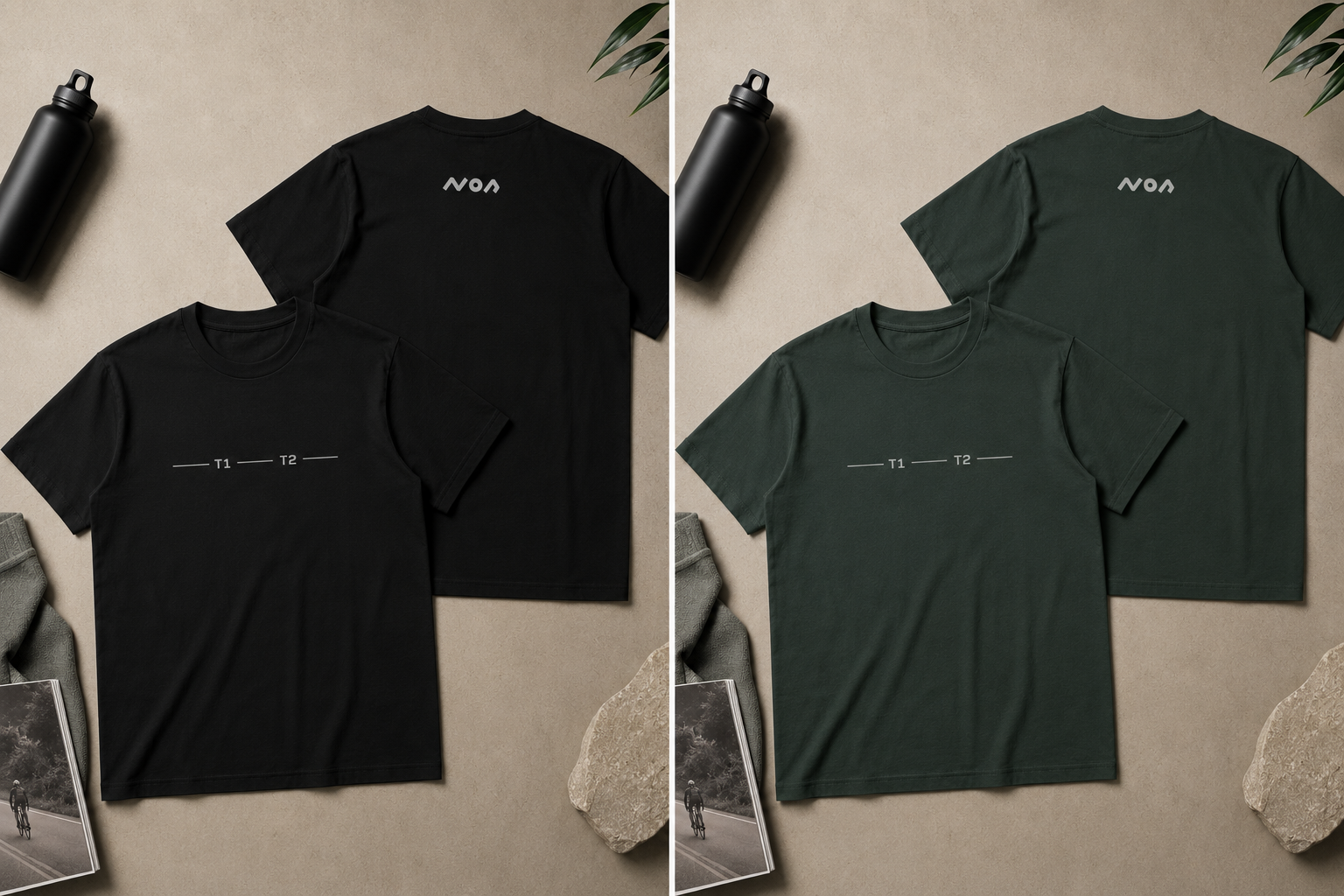 Top down image showing front and back of black and green tshirts with graphics